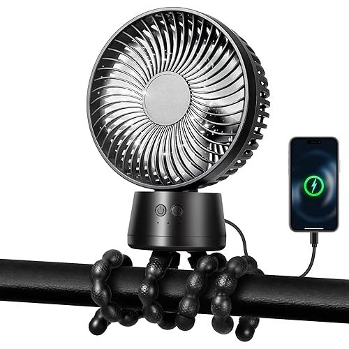 50H Portable Stroller Fan, 15000mAh Ultra-Long Battery Powered Rechargeable Personal Fans, Tripod Clip Fan with Auto Rotation，3 Speed Desk Handheld Cooling for Travel Car Seat Bedroom