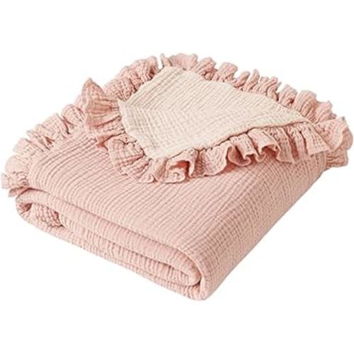 Konssy Flounce Muslin Baby Blankets, Cotton Crib Blanket for Baby Infant Toddler, Super Soft and Lightweight Nursery Blankets 40"x36" (Pink)