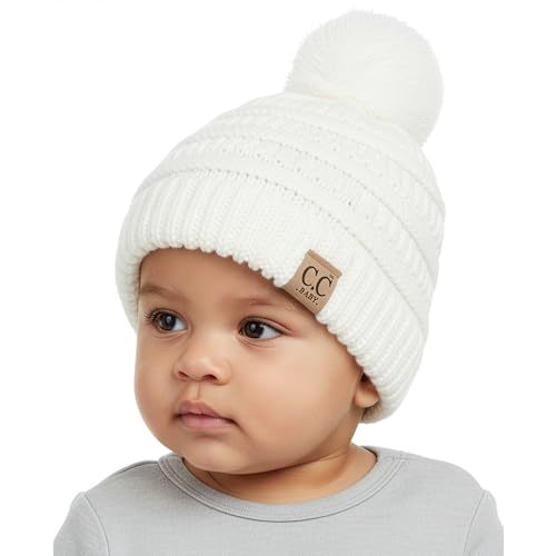 Funky Junque Baby Pom Pom Beanie – Soft Knit Infant Winter Hat for Baby Girls & Boys, Cozy Warm Newborn Beanie 0–12 Months
