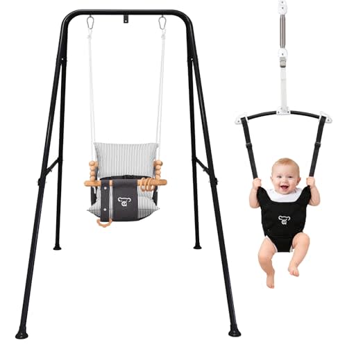 2-in-1 Baby Jumper & Swing - Foldable Stand, Stable Toddler Swing Set for Indoor & Outdoor Use (Black)