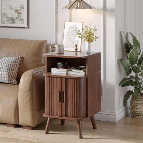 Alohappy Fluted Nightstand, Mid Century Modern End Table with Sliding Tambour Doors, Wood Accent Side Table, Curved Round Edge Bedside Storage Cabinet for Bedroom, Walnut