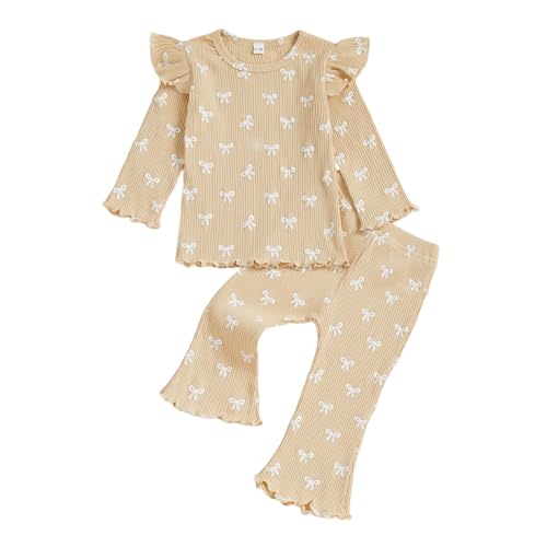 FOCUSNORM Toddler Baby Girl Outfits Ruffle Long Sleeve Striped Trim Tops + Flare Pants Set Toddler 2Pcs Fall Winter Clothes