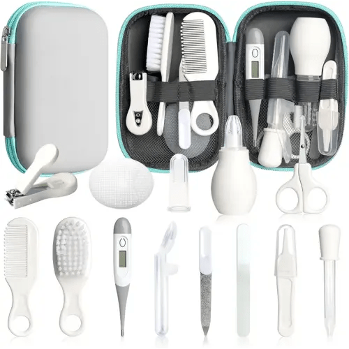 Baby Healthcare and Grooming Kit, 14 in 1 Baby Safety Set Newborn Nursery Health Care Set with Hair Brush Scale Nail Clippers for Baby Girls Boys (14 Kits Grey White)
