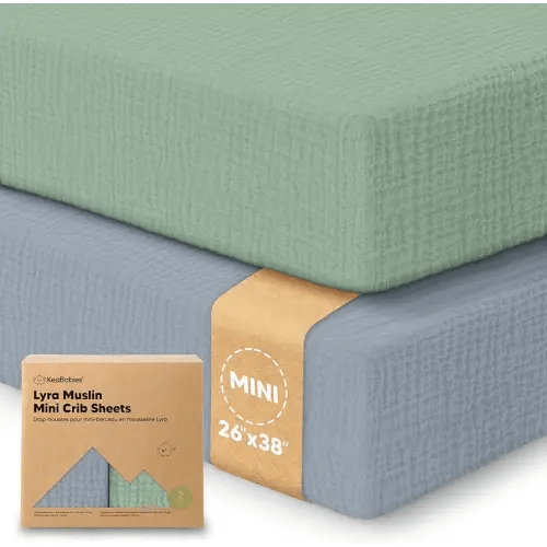 2-Pack Muslin Mini Crib Sheets for Boys, Girls - 38x26 Pack and Play Sheets Fitted, Organic Cotton, Compatible with Graco Pack N Play Mattress, Neutral Toddler Playard Bedding, Soft Breathable (Slate)