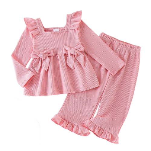 Staki Baby Girl Clothes Toddler Fall Winter Outfits Ruffle Long Sleeve Bow Top Flared Pants Set Bell Bottom Clothing 12M-5T(Pink,2-3 Years)