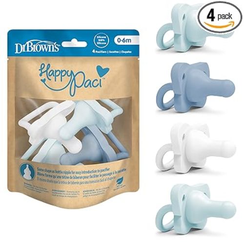 Dr. Brown's HappyPaci 100% Silicone Baby Pacifier, Contoured One-Piece Design, Blue/Light Blue/White, 0-6m, BPA-Free, 4-Pack