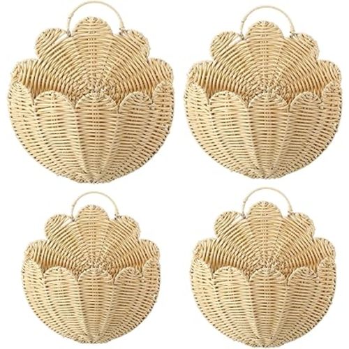 Domensi 4 Pcs Scalloped Wicker Wall Baskets Hanging Wicker Baskets 4 Different Sizes Hand Woven Plastic Rattan Craft Original Storage Holder Decorative Scalloped Decor for Nursery Home House Bathroom