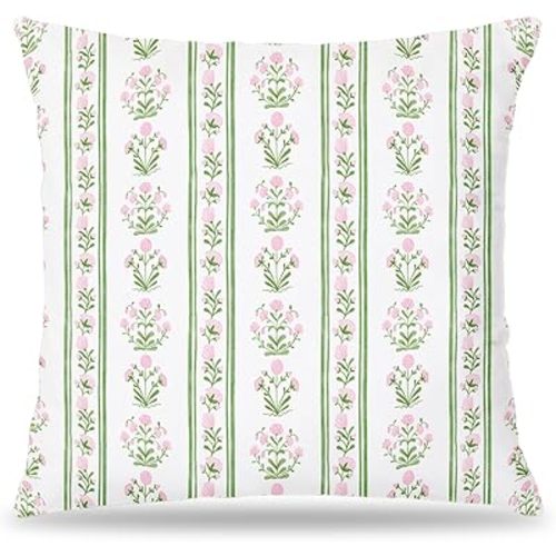 XUISWELL845 Pink and Green Grandmillennial Floral Pillow Covers 18x18, Pink and Green Cottage Core Grand Millenial Floral Grandmillennial Decor for Nursery Girls Room Bedroom Dorm Home