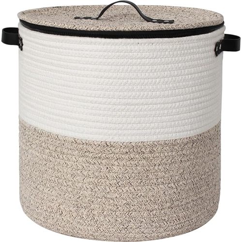 Storage Basket with Lid, 15"x13" Round Woven Blanket Storage for Living Room, Decorative Cotton Rope Hamper with Zipper Top, Wicker Basket with Lid, Floor Covered Kids Dog Toy Bin