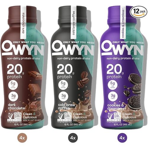 OWYN Only What You Need Protein Shake Variety Pack, Dark Chocolate, Cold Brew Coffee, Cookies and Creamless, 20g Protein, 4g Sugar, 3g Fiber, Dairy Free, Plant Based Protein Drink, 12 CT