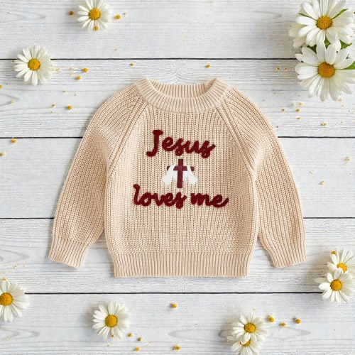 Bible Verse Baby Hand-Knitted Romper, Jesus Loves Me Embroidery Letters, Religious Kid Outfit