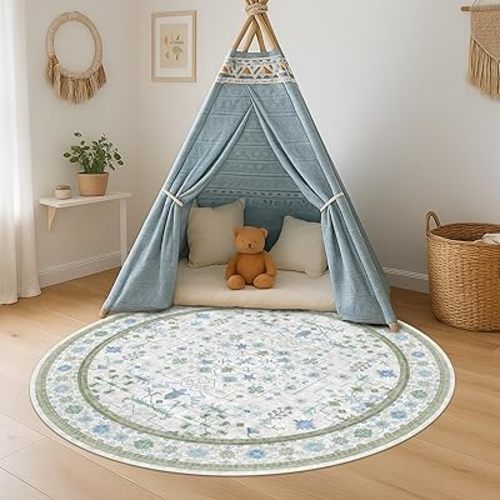 Washable 4ft Round Rug Nursery - Small Circle Area Rug for Kids Playroom, Bedroom, Living Room, Home Office, Reading Corner, Blue and Green Boho Non Slip Soft Circular Carpet Décor