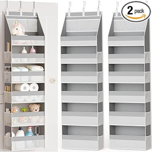 Criusia 2 Pack Over The Door Organizer, Heavy-Duty 6-Shelf Hanging Storage with 13 Mesh Pockets, 55lbs Capacity Behind The Door Storage for Nursery, Bathroom, Bedroom, and Dorm, Grey
