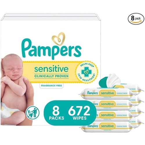 Pampers Baby Wipes, Sensitive, Water Based Wipe, Clinically Proven, Hypoallergenic, and Unscented for Babies, 672 Wipes Total (8 Flip-Top Packs) [Packaging May Vary]