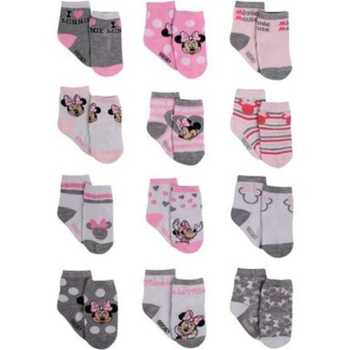 Disney Baby Girl 12 Pack Socks, Newborn Essentials for Girls (0-6M)- Minnie Mouse Pink/Grey