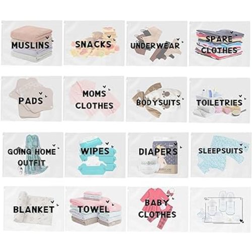 LMLMCREA 16 Pack Hospital Bags for Labor and Delivery,11 x 15 Inch Resealable Maternity Hospital Bag Essentials,Reusable Diaper Bag Organizing Pouches Pre Packed Bag for New Mommy Newborn Must Haves
