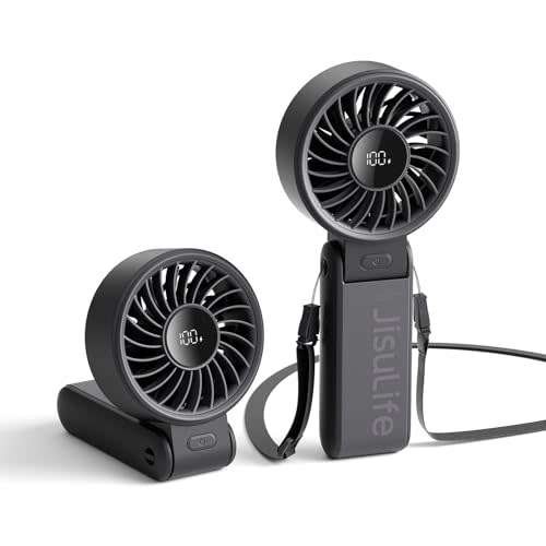 JISULIFE Handheld Fan Life7 – Ultimate Flexibility: Wide & Strong Airflow, 19.5H Max Cooling, 5000mAh Rechargeable, 5-Speed, LED Display, 3 IN 1 Portable Fan for Travel, Concerts, Sports Events(Black)