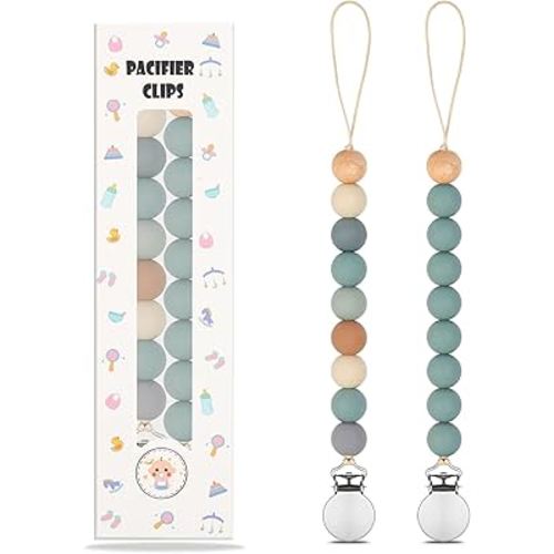 Pacifier Clips, 2PCS Baby Silicone Pacifier Clip for Boy Girl Soother Clips with Silicone Beads, 100% Food Grade Pacifier Holder for Newborn Essentials Gifts (Blue)