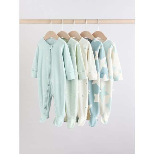 Sage Green 100% Cotton Two Way Zip Baby Sleepsuits 5 Pack (0mths-2yrs)