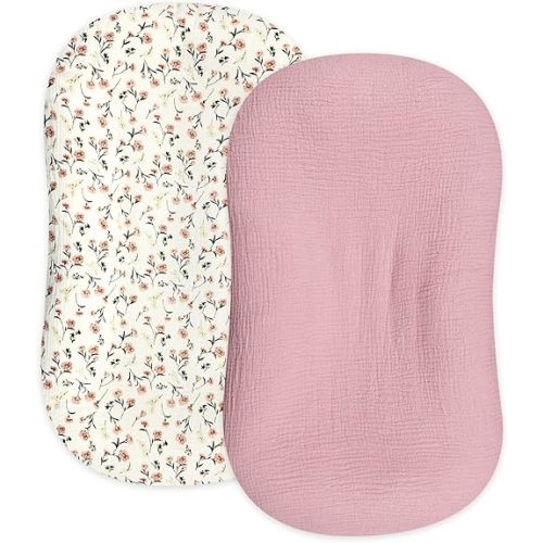Hooyax Muslin Baby Lounger Cover 2 Pack, Organic Removable Lounger Slipcover for Newborn, Baby Padded Lounger Infant Floor Seat Covers for Boys Girls (Flesh Pink & Floral)