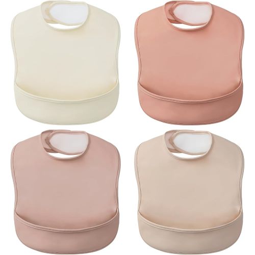 POIKSHARK 4-Pack Waterproof Baby Feeding Bibs with Large Food Catcher – Toddler Apron for Eating, Easy to Put On & Clean, Baby Eating Essentials, Baby Shower (Pink)
