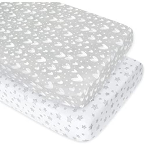 Biloban Crib Mattress Sheet Fitted, Cotton Crib Sheets Unisex, Extremely Soft Jersey Knit Egyptian Cotton Sheet for Standard Crib, Super Stretchy, Star and Heart Print