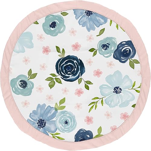 Sweet Jojo Designs Navy Blue and Pink Watercolor Floral Girl Baby Playmat Tummy Time Infant Play Mat - Blush, Green and White Shabby Chic Rose Flower