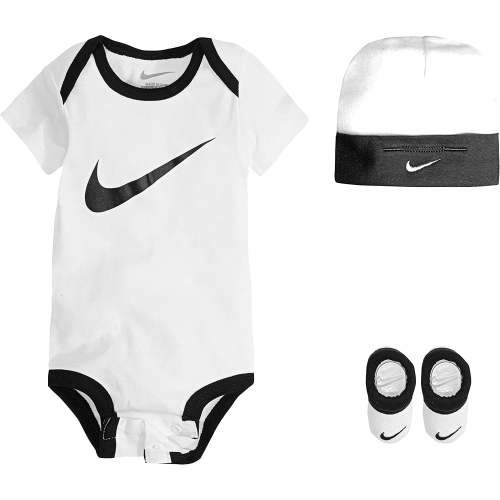 Nike Babys Bodysuit, Hat and Booties 3 Piece Set White Swoosh 6-12 Months