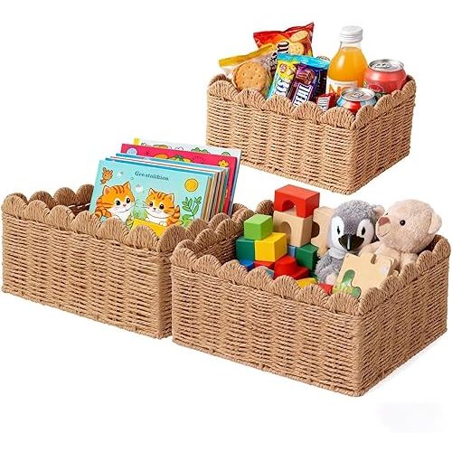 3 Pcs Wicker Baskets for Organizing,Scalloped Baskets, Hand-woven Wicker Storage Cubes, Paper Rope Shelf Baskets for Organizing and Decoration,Brown Basket