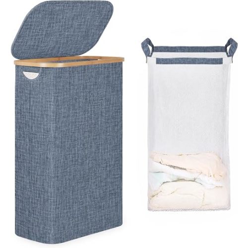 iEGrow 65L Slim Laundry Hamper, Narrow Laundry Basket with Lid,Foldable Clothes Hamper with Bamboo Handles,Hamper Basket with Removable Inner Bag for Laundry Room Bedroom College Dorm,17.17 Gals Blue