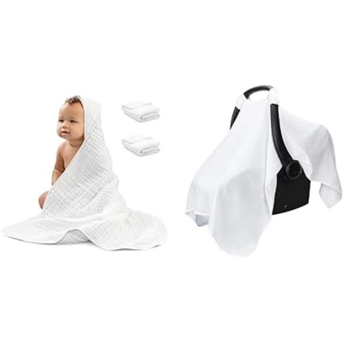 Comfy Cubs 2 Pack Baby Hooded 9 Layer Muslin Cotton Towel and Muslin Cotton Baby Car Seat Cover Bundled