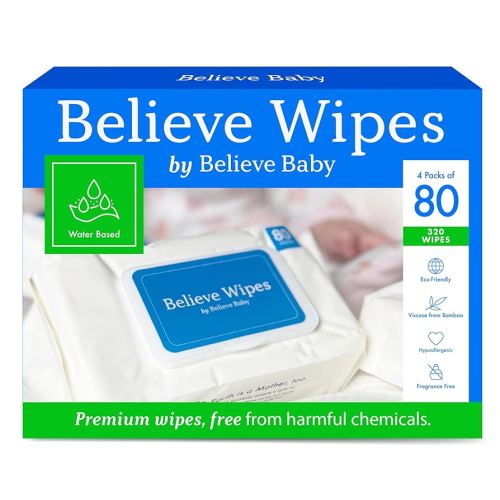 Believe Viscose Bamboo Baby Wipes 80pc x 4 Packs (320ct), Multi-Use Water Based Wipes Baby Sensitive Skin, Hypoallergenic and Fragrance Free for Babies – Gentle Plant-Based Viscose Bamboo Wet Wipe