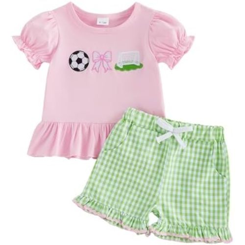 Toddler Baby Girl Baseball/Soccer/Football Outfits Ruffle Shirt Dress Top Plaid Shorts Set Infant Summer Clothes