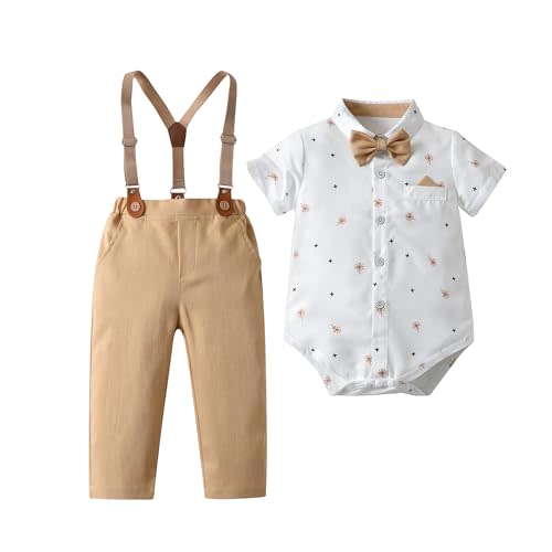 Baby Boys Pants Sets, Infant Long Sleeve Shirt + Pants + Bow Tie + Suspenders,Toddler Gentleman Outfits
