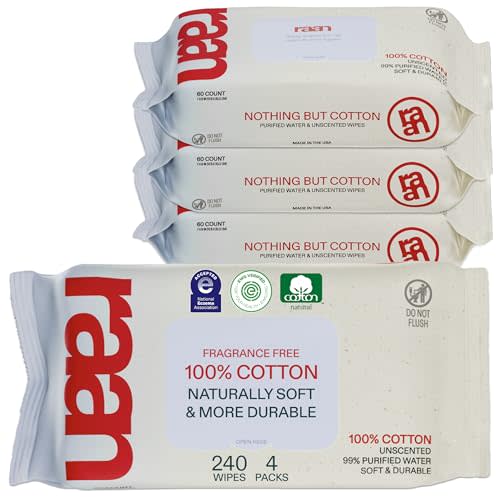 Raan, 100% Cotton Baby Wipes, Unbleached, 99% Purified Water, Unscented, EWG verified, For Extra Sensitive Skin, Naturally Soft and Durable, 4 pack, 240 Count