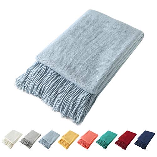 Homiest Pale Blue Knitted Throw Blanket with Fringe, 50x60 Inch | Pure Acrylic, Lightweight & Breathable, All-Season Use, Machine Washable, Wrinkle & Fade Resistant, for Couch Sofa And Bed
