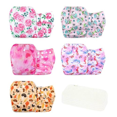 wegreeco Cloth Diapers 5 Pack with 5 Inserts, Washable Cloth Diapers for Babies, One Size Adjustable Reusable (Pink Girly)