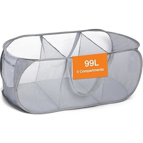 Durable Collapsible Foldable Pop Up Laundry Hamper, Sturdy 3 Compartments, Handy Pocket & Easy to Sort Clothes Hampers for Dorm, Kids Room, Travel - Grey