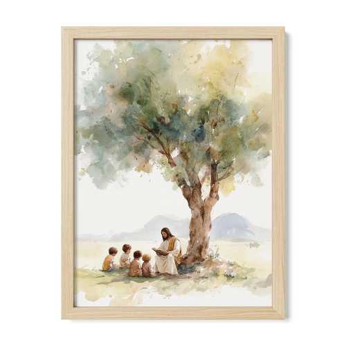 Jesus Teaching Children Watercolor Print, Christian Wall Art, Bible Nursery Decor