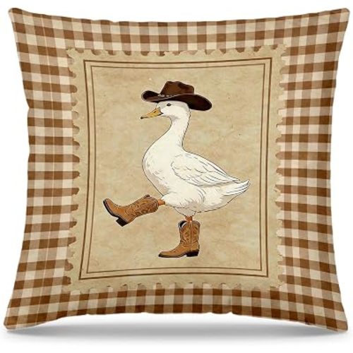 Western Cowboy Goose Duck Nursery Pillow Cover 18x18, Goose Nursery Decor, Rustic Country Farm Animal Brown Gingham Decorative Throw Pillow Cover for Kids Boys Room Bedroom Playroom