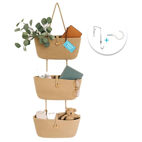 OrganiHaus Over the Door Hanging Basket for Organizing, 3-Tier Hanging Wall Basket for Storage, Boho Nursery Decor for Wall, Behind Door Wall Storage, Wall Organizer for Office, Wall Toy Storage Honey