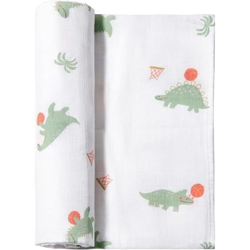 Muslin Swaddle Blankets, 70% Rayon from Bamboo and 30% Cotton, Large 47 x 47 Inches – Soft & Breathable Receiving Blanket for Unisex Newborns, (Dino Dunk Dreams)