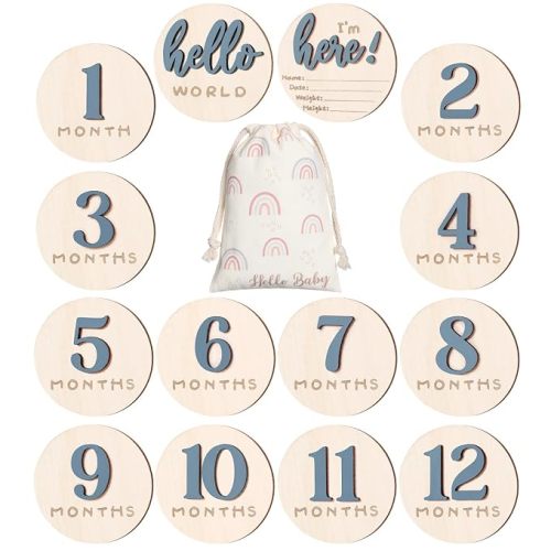 Burbell Baby Monthly Milestone Announcement Signs Wood,Slate Blue,Number