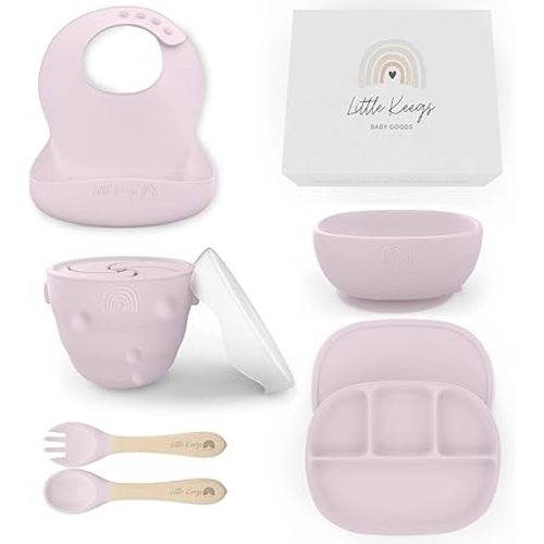 Baby Feeding Set - Baby Must Haves Gift Set - Baby Led Weaning Supplies - Toddler Silicone Dishes - Suction Baby Bowl, Bib, Snack Cup, Utensils, Baby Plate (Lilac)