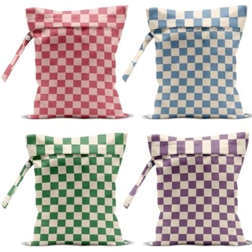 4 Pack Cute Wet Bag Waterproof Washable Reusable Wet Dry Bag for Swimsuit Dirty Clothes Diaper Travel Pool Yoga Gym Birthday Party Camping Toiletries Travel Beach Essentials, Colorful Checkered
