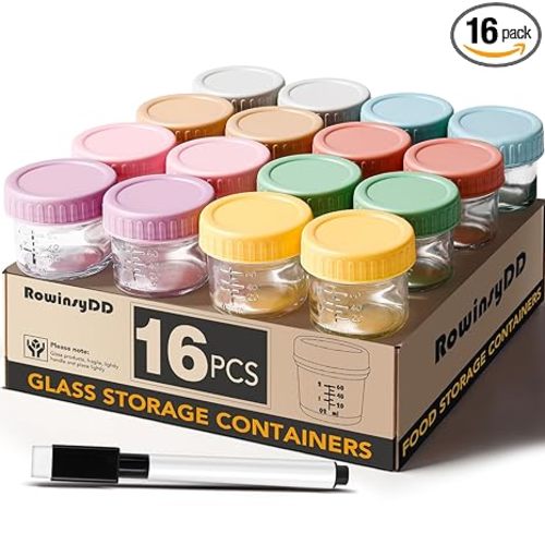 16 Pack Glass Baby Food Storage Containers, 4 oz Leakproof Baby Food Jars with Lids, Small Glass Food Containers for Infant Baby, Freezer & Microwave Safe, BPA Free