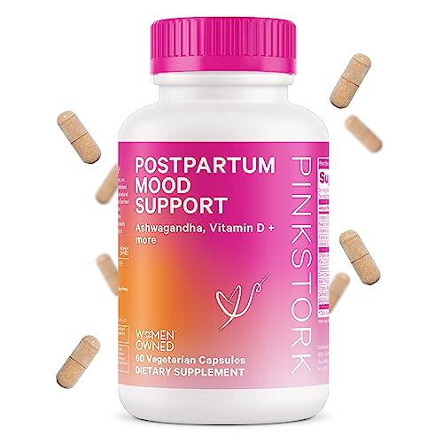 Pink Stork Postpartum Mood Support Supplement with Ashwagandha, Vitamin D and Vitamin B12 to Help Support Postnatal Hormones for Women, Postpartum Essentials - 60 Capsules