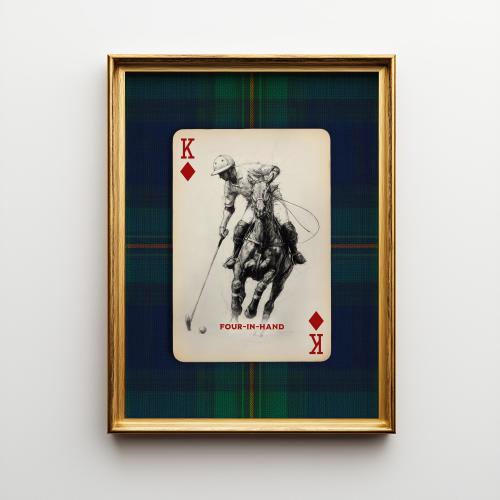 Polo Playing Card Wall Art – Navy Plaid Equestrian Print, Old Money Office Decor, Preppy East Coast Style, Heritage Americana Furnishings