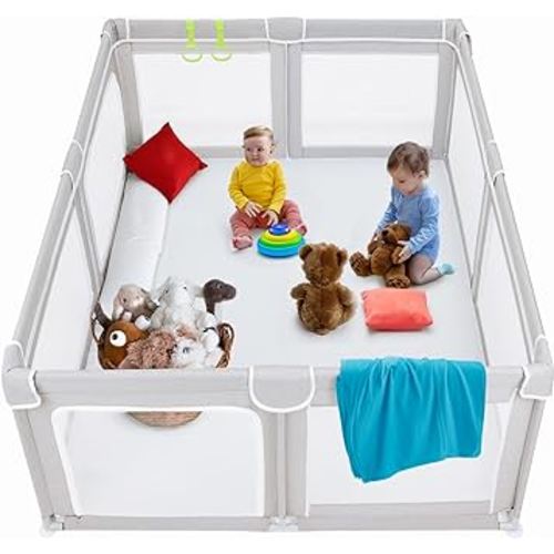 TODALE Baby Playpen 70”×59”- Baby Play Yard with Tear-Resistant Material, Anti-Slip Suckers, Breathable Mesh, Gate - Kids Big Play Pens for Babies and Toddlers, for Sleep & Activity, Baby Fence, Grey