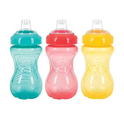 Nuby 3 Pack No Spill Toddler Sippy Cups - Toddler Cups Spill Proof with Easy and Firm Grip - Toddlers Cups - Aqua, Coral, Yellow